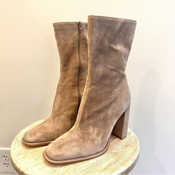 Steve Madden Lockwood Suede Mid Shaft Zip Up Block Heel Boots in Tan Sz 10 NWOB - Picture 2 of 8